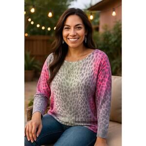 White Birch Ombre Leopard Dolman Sleeve Lightweight Sweater Top Small NWOT Boho